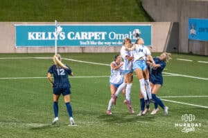 Creighton Bluejay Alyssa Zalac (#30) kicks the ball into play during a match against Xavier on Wednesday, October 1st, 2025 in Omaha, Nebraska. Photo by Brandon Tiedemann.