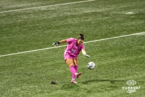 Creighton Bluejay Alyssa Zalac (#30) kicks the ball into play during a match against Xavier on Wednesday, October 1st, 2025 in Omaha, Nebraska. Photo by Brandon Tiedemann.