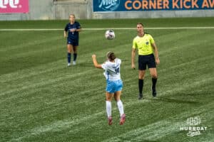 Creighton Bluejay Anna Bragg (#10) heads the ball during a match against Xavier on Wednesday, October 1st, 2025 in Omaha, Nebraska. Photo by Brandon Tiedemann.