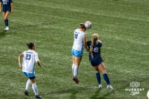 Creighton Bluejay Anna Bragg (#10) heads the ball during a match against Xavier on Wednesday, October 1st, 2025 in Omaha, Nebraska. Photo by Brandon Tiedemann.