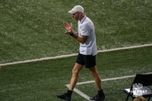 Creighton Bluejay head coach Jimmy Walker gets frustrated during a match against Xavier on Wednesday, October 1st, 2025 in Omaha, Nebraska. Photo by Brandon Tiedemann.
