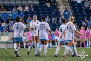 Creighton Bluejays celebrate Mallory Connealy (#24) goal during a match against Xavier on Wednesday, October 1st, 2025 in Omaha, Nebraska. Photo by Brandon Tiedemann.