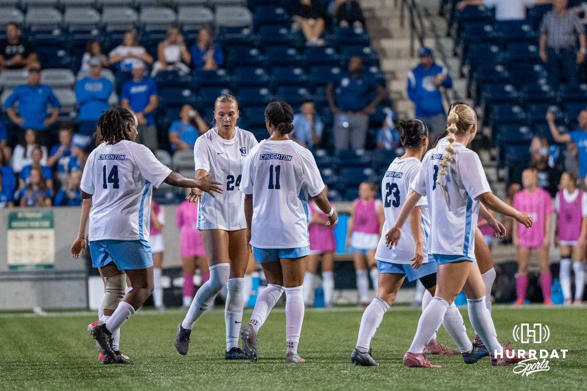 Creighton Bluejays celebrate Mallory Connealy (#24) goal during a match against Xavier on Wednesday, October 1st, 2025 in Omaha, Nebraska. Photo by Brandon Tiedemann.