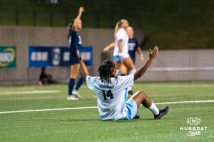 Creighton Bluejay Ariana Mondiri (#14) celebrates a goal during a match against Xavier on Wednesday, October 1st, 2025 in Omaha, Nebraska. Photo by Brandon Tiedemann.