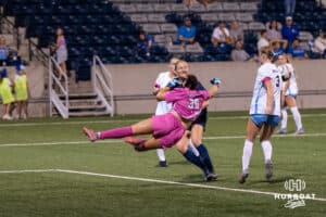 Creighton Bluejay Alyssa Zalac (#30) dives for the ball during a match against Xavier on Wednesday, October 1st, 2025 in Omaha, Nebraska. Photo by Brandon Tiedemann.