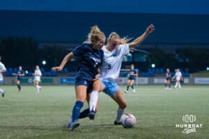 Creighton Bluejay Ella Offer (#5) fights for the ball during a match against Xavier on Wednesday, October 1st, 2025 in Omaha, Nebraska. Photo by Brandon Tiedemann.