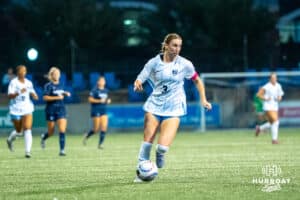 Creighton Bluejay Savanna Solomon (#3) looks to pass during a match against Xavier on Wednesday, October 1st, 2025 in Omaha, Nebraska. Photo by Brandon Tiedemann.