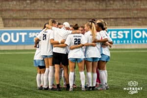 Creighton Bluejays huddle up during a match against Xavier on Wednesday, October 1st, 2025 in Omaha, Nebraska. Photo by Brandon Tiedemann.