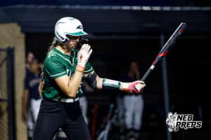 Lincoln Southwest's Maisey McCarty (15) is preparing to bat during a high school softball game @ Elkhorn South on Monday, September 29, 2025, in Omaha, Nebraska. Photo By Jack Stephens.
