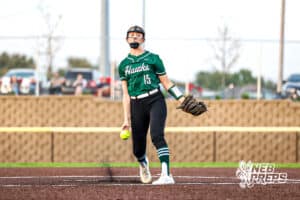 Lincoln Southwest's Maisey McCarty (15) pitching the ball during a high school softball game @ Elkhorn South on Monday, September 29, 2025, in Omaha, Nebraska. Photo By Jack Stephens.