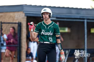 Lincoln Southwest's Maisey McCarty (15) catches her breath during a high school softball game @ Elkhorn South on Monday, September 29, 2025, in Omaha, Nebraska. Photo By Jack Stephens.