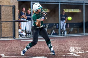 Lincoln Southwest's Morgan Gabel (11) swinging her bat at the ball during a high school softball game @ Elkhorn South on Monday, September 29, 2025, in Omaha, Nebraska. Photo By Jack Stephens.