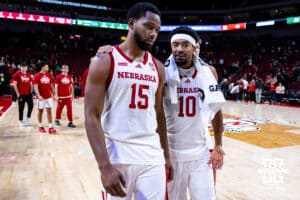 Nebraska Cornhusker forward Jared Garcia (15) and Nebraska Cornhusker guard Jamarques Lawrence (10) walk off the court together after a college basketball game against South Carolina Upstate Spartans on Saturday, November 29, 2025, in Lincoln, Nebraska. Photo by John S. Peterson.