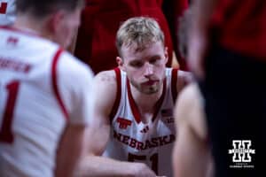 Nebraska Cornhusker forward Rienk Mast (51) sits the huddle at a time out during a college basketball game against the South Carolina Upstate Spartans on Saturday, November 29, 2025, in Lincoln, Nebraska. Photo by John S. Peterson.