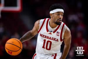 Nebraska Cornhusker guard Jamarques Lawrence (10) dribbles the ball against the South Carolina Upstate Spartans in the second half during a college basketball game on Saturday, November 29, 2025, in Lincoln, Nebraska. Photo by John S. Peterson.