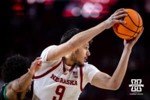 Nebraska Cornhusker forward Berke Buyuktuncel (9) looks to pass against the South Carolina Upstate Spartans in the first half during a college basketball game on Saturday, November 29, 2025, in Lincoln, Nebraska. Photo by John S. Peterson.