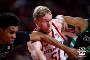 Nebraska Cornhusker forward Rienk Mast (51) battles for position to be ready for a rebound against the South Carolina Upstate Spartans during a college basketball game on Saturday, November 29, 2025, in Lincoln, Nebraska. Photo by John S. Peterson.