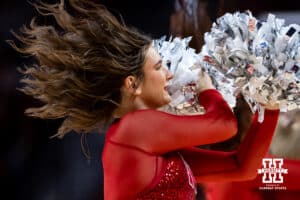 Nebraska Cornhuskers Scarlet team member performs at a break in the aciton against the South Carolina Upstate Spartans during a college basketball game on Saturday, November 29, 2025, in Lincoln, Nebraska. Photo by John S. Peterson.