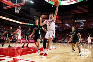 Nebraska Cornhusker forward Berke Buyuktuncel (9) reaches for the rebound against the South Carolina Upstate Spartans in the first half during a college basketball game on Saturday, November 29, 2025, in Lincoln, Nebraska. Photo by John S. Peterson.