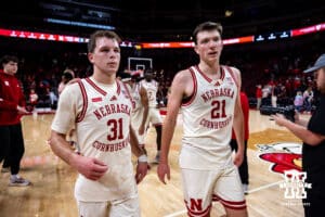 Nebraska Cornhusker guard Cale Jacobsen (31) and Pryce Sandfort walk off the court after the win over the Winthrop Eagles during a college basketball game on Tuesday, Nov. 25, 2025, in Lincoln, Nebraska. Photo by John S. Peterson.