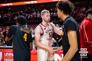 Nebraska Cornhusker forward Rienk Mast (51) shakes hands with Winthrop Eagles after a college basketball game on Tuesday, Nov. 25, 2025, in Lincoln, Nebraska. Photo by John S. Peterson.