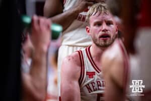 Nebraska Cornhusker forward Rienk Mast (51) sitting down in the huddle at a time out during a college basketball game against the Winthrop Eagles in the second half on Tuesday, Nov. 25, 2025, in Lincoln, Nebraska. Photo by John S. Peterson.