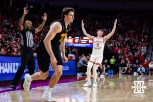 Nebraska Cornhusker guard Connor Essegian (0) celebrates making a three-pint shot against the Winthrop Eagles in the second half during a college basketball game on Tuesday, Nov. 25, 2025, in Lincoln, Nebraska. Photo by John S. Peterson.