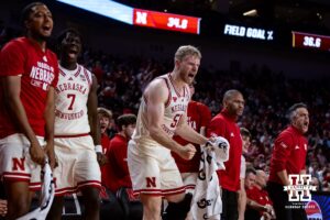 Nebraska Cornhusker forward Rienk Mast (51) reacts to the action on the court against the Winthrop Eagles in the second half during a college basketball game on Tuesday, Nov. 25, 2025, in Lincoln, Nebraska. Photo by John S. Peterson.
