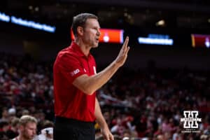Nebraska Cornhusker head coach Fred Hoiberg communicates with his player in the second half against the Winthrop Eagles during a college basketball game on Tuesday, Nov. 25, 2025, in Lincoln, Nebraska. Photo by John S. Peterson.