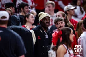 Nebraska Cornhusker football running back Emmett Johnson watching the game against the Winthrop Eagles during a college basketball game on Tuesday, Nov. 25, 2025, in Lincoln, Nebraska. Photo by John S. Peterson.