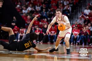 Nebraska Cornhusker guard Cale Jacobsen (31) comes away with the loose ball against Winthrop Eagle center Edward Nnamoko (23) in the first half during a college basketball game on Tuesday, Nov. 25, 2025, in Lincoln, Nebraska. Photo by John S. Peterson.