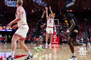 Nebraska Cornhusker forward Pryce Sandfort (21) makes a three-point shot against the Winthrop Eagles in the first half during a college basketball game on Tuesday, Nov. 25, 2025, in Lincoln, Nebraska. Photo by John S. Peterson.