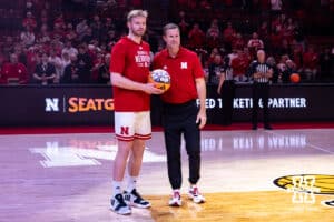 Nebraska Cornhusker forward Rienk Mast (51) recieves a game ball for a triple double he had against FIU before the college basketball game against the Winthrop Eagles on Tuesday, Nov. 25, 2025, in Lincoln, Nebraska. Photo by John S. Peterson.