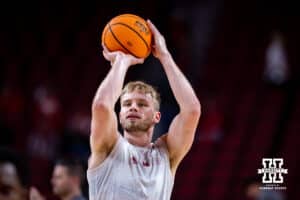 Nebraska Cornhusker forward Rienk Mast (51) warms up before a college basketball game against the Winthrop Eagles on Tuesday, Nov. 25, 2025, in Lincoln, Nebraska. Photo by John S. Peterson.
