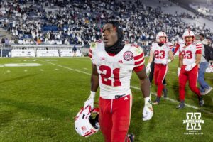 Nebraska Cornhusker running back Emmett Johnson (21) heads to the locker room after the loss to Penn State Nittany Lions during a college football game on Saturday, Nov. 22, 2025, in State College, PA. Photo by John S. Peterson.