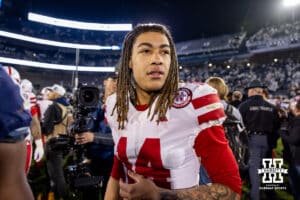 Nebraska Cornhusker quarterback TJ Lateef (14) shaking hands with the Penn State Nittany Lions plays after a college football game on Saturday, Nov. 22, 2025, in State College, PA. Photo by John S. Peterson.