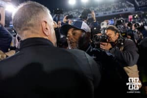 Nebraska Cornhusker head coach Matt Rhule shakes hands with the Penn State Nittany Lion interim head coach Terry Smith after a college football game on Saturday, Nov. 22, 2025, in State College, PA. Photo by John S. Peterson.