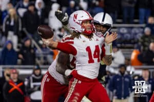 Nebraska Cornhusker quarterback TJ Lateef (14) makes a pass against the Penn State Nittany Lions in the fourth quarter during a college football game on Saturday, Nov. 22, 2025, in State College, PA. Photo by John S. Peterson.