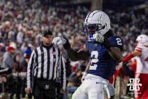 Penn State Nittany Lion cornerback Audavion Collins (2) celebrates his coverage of Nebraska Cornhusker wide receiver Dane Key (6) in the four quarter during a college football game on Saturday, Nov. 22, 2025, in State College, PA. Photo by John S. Peterson.