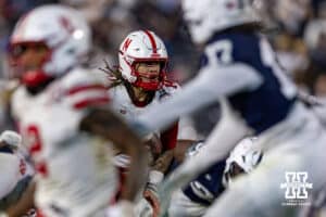 Nebraska Cornhusker quarterback TJ Lateef (14) runs with the ball against the Penn State Nittany Lions in the fourth quarter during a college football game on Saturday, Nov. 22, 2025, in State College, PA. Photo by John S. Peterson.
