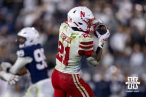 Nebraska Cornhusker running back Emmett Johnson (21) makes a catch in the fourth against the Penn State Nittany Lions during a college football game on Saturday, Nov. 22, 2025, in State College, PA. Photo by John S. Peterson.