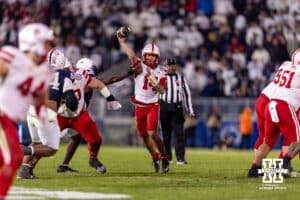Nebraska Cornhusker quarterback TJ Lateef (14) tries to make a pass against the Penn State Nittany Lions in the four quarter during a college football game on Saturday, Nov. 22, 2025, in State College, PA. Photo by John S. Peterson.