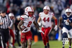 Nebraska Cornhusker wide receiver Jacory Barney Jr. (2) runs with the ball against the Penn State Nittany Lions in the fourth quarter during a college football game on Saturday, Nov. 22, 2025, in State College, PA. Photo by John S. Peterson.