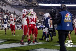 Nebraska Cornhusker quarterback TJ Lateef (14) celebrates scoring the only touchdown against the Penn State Nittany Lions in the third quarter during a college football game on Saturday, Nov. 22, 2025, in State College, PA. Photo by John S. Peterson.