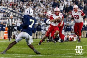 Nebraska Cornhusker quarterback TJ Lateef (14) runs for the only touch down against the Penn State Nittany Lions in the third quarter during a college football game on Saturday, Nov. 22, 2025, in State College, PA. Photo by John S. Peterson.