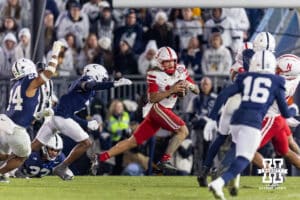 Nebraska Cornhusker quarterback TJ Lateef (14) scrambles with the ball against the Penn State Nittany Lionsin the third quarter during a college football game on Saturday, Nov. 22, 2025, in State College, PA. Photo by John S. Peterson.