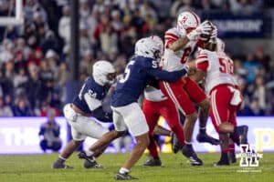 Nebraska Cornhusker wide receiver Dane Key (6) makes a catch and Penn State Nittany Lion cornerback Daryus Dixson (5) makes the tackle during a college football game on Saturday, Nov. 22, 2025, in State College, PA. Photo by John S. Peterson.