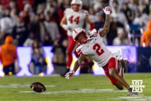 Nebraska Cornhusker wide receiver Jacory Barney Jr. (2) reaches for the ball against the Penn State Nittany Lions in the second quarter during a college football game on Saturday, Nov. 22, 2025, in State College, PA. Photo by John S. Peterson.