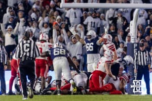 Penn State Nittany Lions celebrate a touchdown against the Nebraska Cornhuskers in the second quarter during a college football game on Saturday, Nov. 22, 2025, in State College, PA. Photo by John S. Peterson.