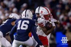 Nebraska Cornhusker wide receiver Jacory Barney Jr. (2) runs with the ball against the Penn State Nittany Lions during a college football game on Saturday, Nov. 22, 2025, in State College, PA. Photo by John S. Peterson.